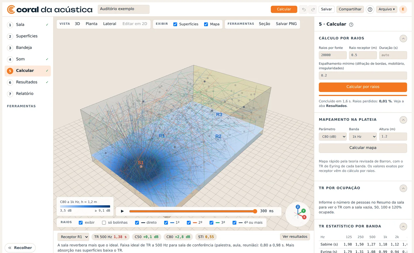Tela do Coral com o modelo 3D de uma sala, os raios sonoros saindo da fonte e o mapa de clareza no piso